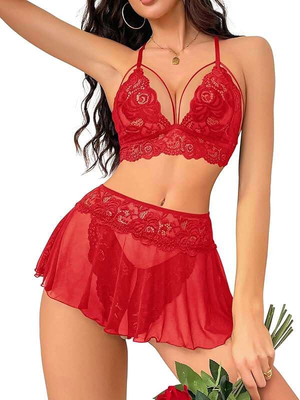 CRIPOM Sexy Lingerie for Women Naughty 3 Piece Lace Bralette, Mini Skirt with G-String Crotchless Lingerie Outfits - Image 2