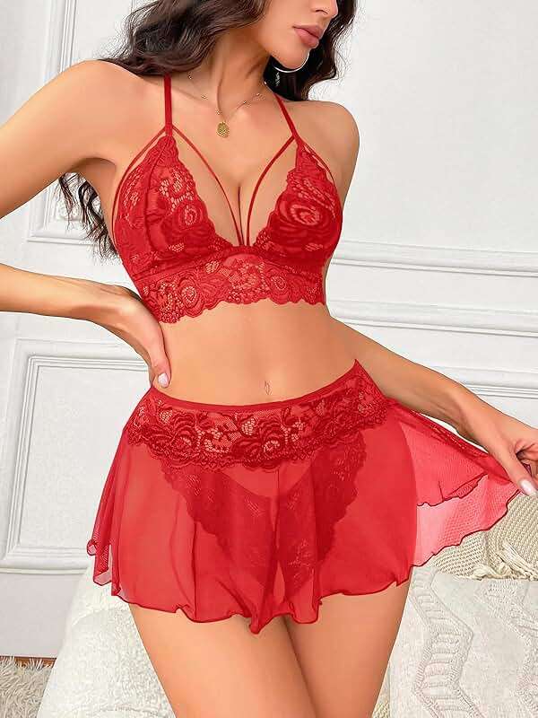 CRIPOM Sexy Lingerie for Women Naughty 3 Piece Lace Bralette, Mini Skirt with G-String Crotchless Lingerie Outfits - Image 5