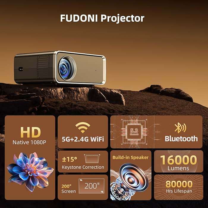 FUDONI Projector with WiFi and Bluetooth 4K Supported, Upgraded 18000L Outdoor Movie Projectors Native 1080P FHD, Video Projector for Home Theater, Compatible w/HDMI/USB/iOS/Android/Windows/TV Stick - Image 2