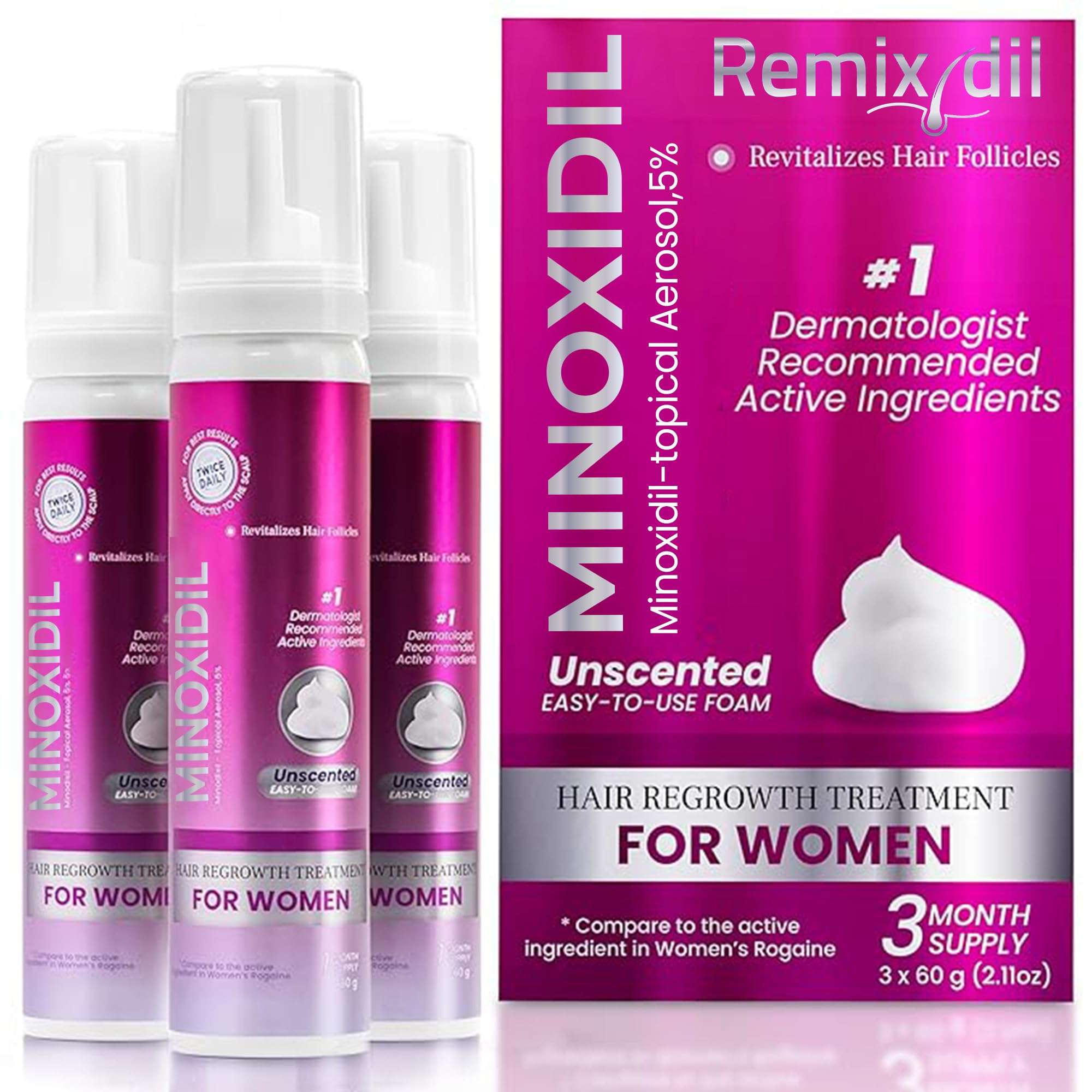 Minoxidil for Women | 5% Minoxidil For Women Hair Growth | Hair Regrowth Treatment | Unscented Topical Foam | Dermatologist Recommended | Clinically Proven Formula | 3 Month Supply - Image 1