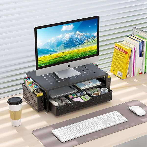 gianotter Desk Organizers and Accessories, Monitor Stand with Drawer and 2 Pen Holder, Desktop Organizer Suitable for Offices and Dormitories (Black) - Image 2