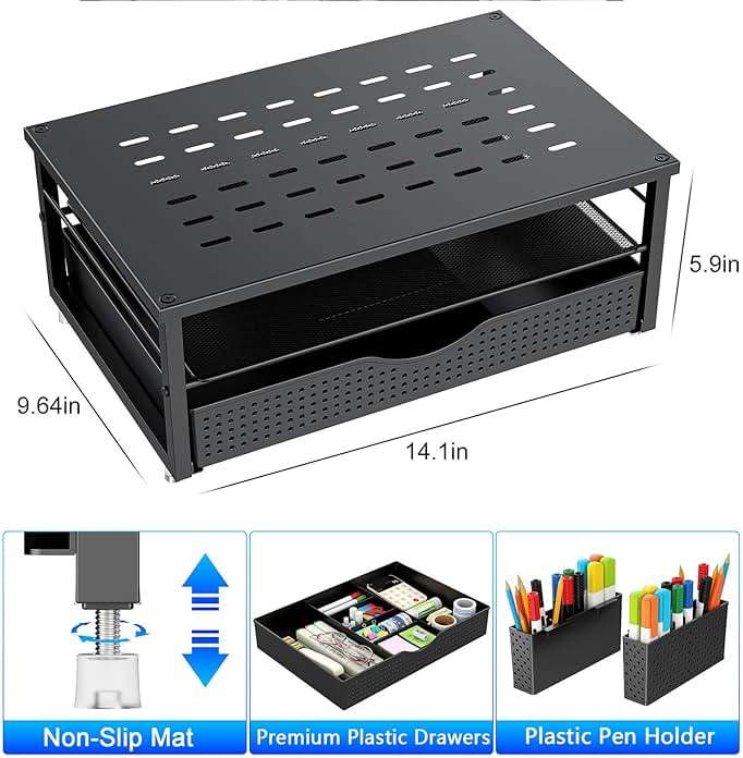 gianotter Desk Organizers and Accessories, Monitor Stand with Drawer and 2 Pen Holder, Desktop Organizer Suitable for Offices and Dormitories (Black) - Image 3