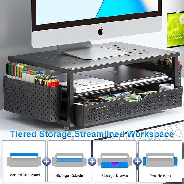 gianotter Desk Organizers and Accessories, Monitor Stand with Drawer and 2 Pen Holder, Desktop Organizer Suitable for Offices and Dormitories (Black) - Image 5