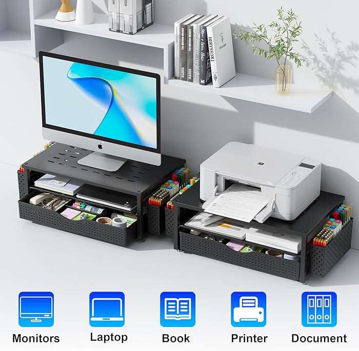gianotter Desk Organizers and Accessories, Monitor Stand with Drawer and 2 Pen Holder, Desktop Organizer Suitable for Offices and Dormitories (Black) - Image 8
