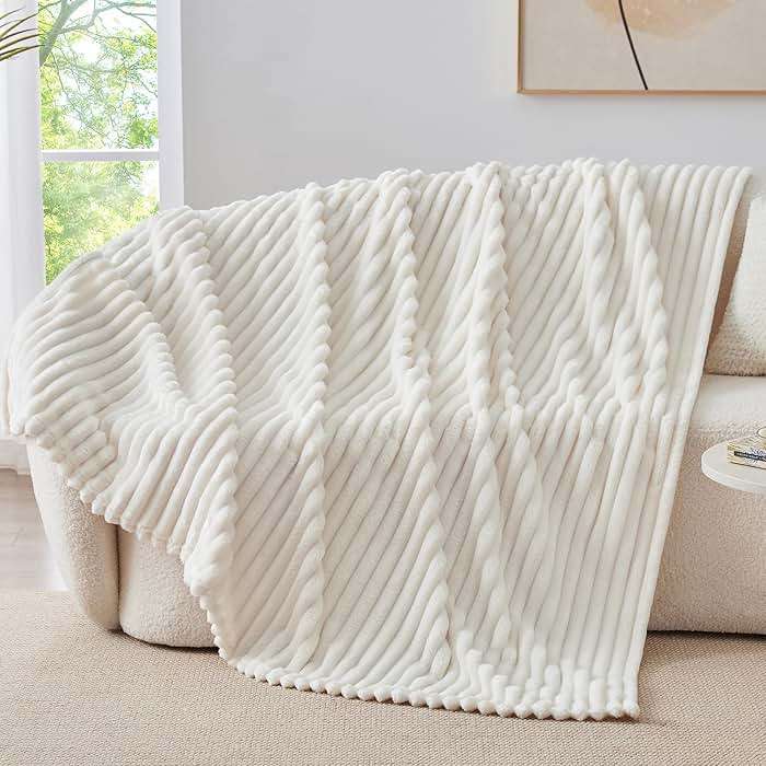 BEDELITE Fleece Throw Blanket for Couch - 300GSM Soft & Warm Fluffy Cream White Blanket, Decorative and Giftable Striped Blankets for Women, Men, 50"x60" - Image 7