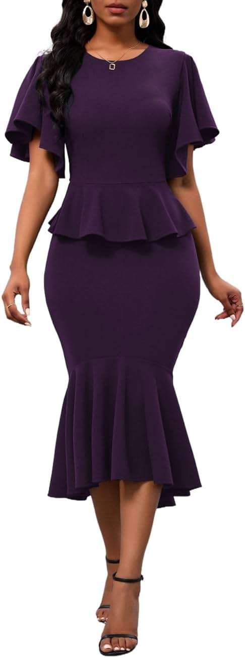 Womens Summer Ruffle Short Sleeve Fishtail Dress Evening Cocktail Formal Peplum Midi Mermaid Dresses Elegant - Image 1