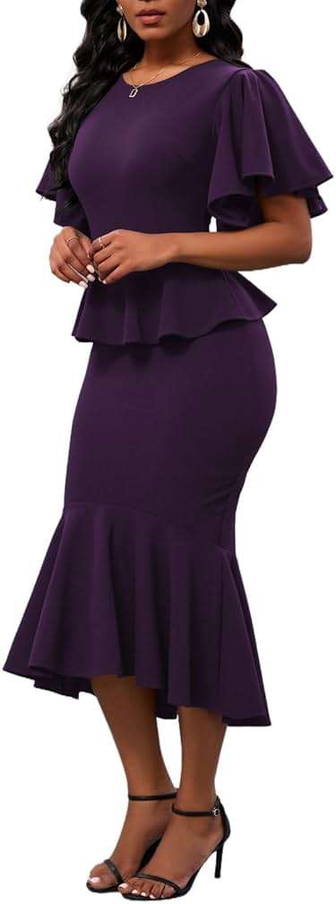 Womens Summer Ruffle Short Sleeve Fishtail Dress Evening Cocktail Formal Peplum Midi Mermaid Dresses Elegant - Image 2
