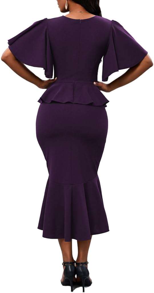Womens Summer Ruffle Short Sleeve Fishtail Dress Evening Cocktail Formal Peplum Midi Mermaid Dresses Elegant - Image 3