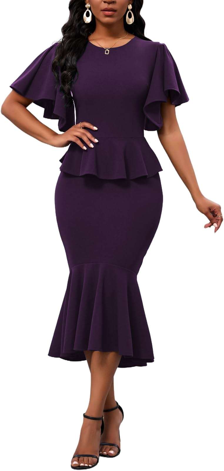 Womens Summer Ruffle Short Sleeve Fishtail Dress Evening Cocktail Formal Peplum Midi Mermaid Dresses Elegant - Image 4