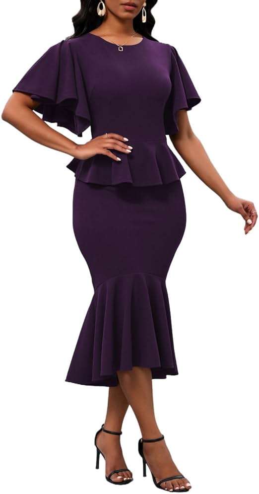 Womens Summer Ruffle Short Sleeve Fishtail Dress Evening Cocktail Formal Peplum Midi Mermaid Dresses Elegant - Image 5