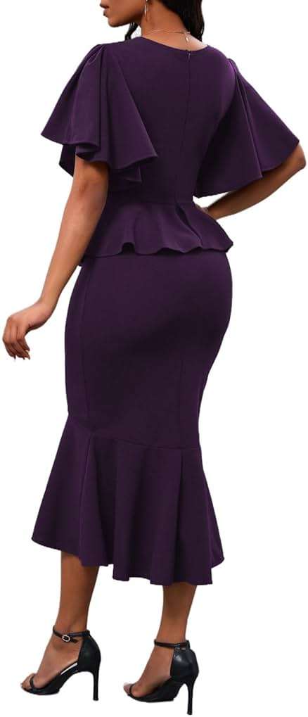 Womens Summer Ruffle Short Sleeve Fishtail Dress Evening Cocktail Formal Peplum Midi Mermaid Dresses Elegant - Image 6