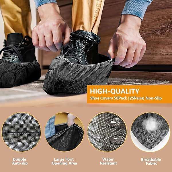 ioiopeak Shoe Covers Disposable 50 Pack (25 Pairs) - Durable, Non-Slip, Water Resistant, and Recyclable Boot Covers for Indoor and Outdoor Use - One Size Fits Most (Non-woven-Black) - Image 3