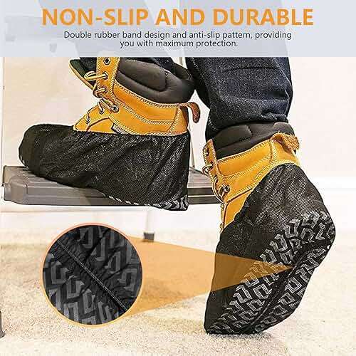 ioiopeak Shoe Covers Disposable 50 Pack (25 Pairs) - Durable, Non-Slip, Water Resistant, and Recyclable Boot Covers for Indoor and Outdoor Use - One Size Fits Most (Non-woven-Black) - Image 4