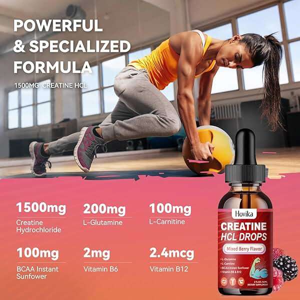 Hovika Creatine HCL Liquid Drops for Men & Women, Creatine Hydrochloride with L-Carnitine, L-Glutamine, BCAA, Vitamin B12 & B6 for Muscle Growth & Recovery-Vegan, Mixed Berry Flavor Flavor, 2 Fl Oz - Image 2