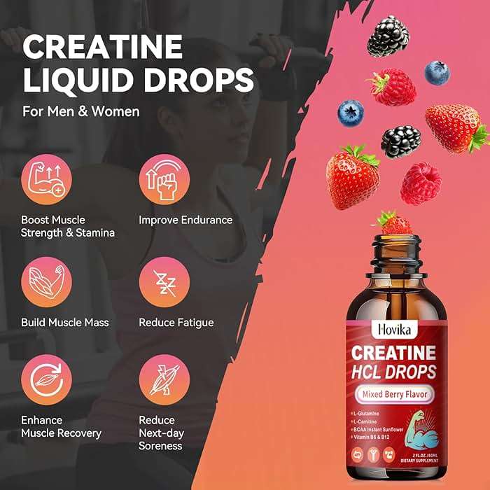 Hovika Creatine HCL Liquid Drops for Men & Women, Creatine Hydrochloride with L-Carnitine, L-Glutamine, BCAA, Vitamin B12 & B6 for Muscle Growth & Recovery-Vegan, Mixed Berry Flavor Flavor, 2 Fl Oz - Image 3