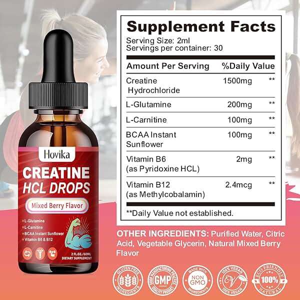 Hovika Creatine HCL Liquid Drops for Men & Women, Creatine Hydrochloride with L-Carnitine, L-Glutamine, BCAA, Vitamin B12 & B6 for Muscle Growth & Recovery-Vegan, Mixed Berry Flavor Flavor, 2 Fl Oz - Image 7
