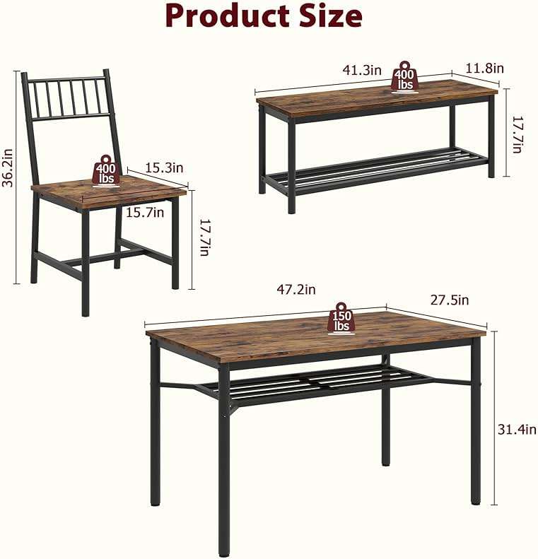 Fancihabor Dining Table Set for 4, Kitchen Table and Chairs for 4 with Wine Rack, Rectangular Dining Room Table Set with Bench, 4 Piece Dining Table Set for Small Space, Apartment, Retro Brown - Image 2