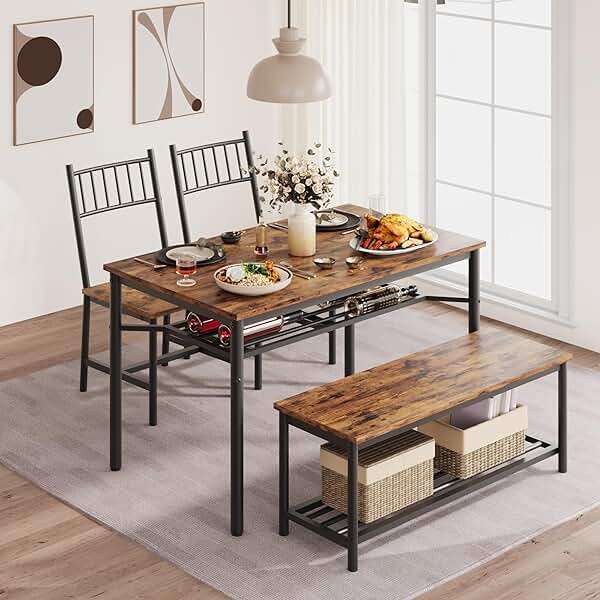 Fancihabor Dining Table Set for 4, Kitchen Table and Chairs for 4 with Wine Rack, Rectangular Dining Room Table Set with Bench, 4 Piece Dining Table Set for Small Space, Apartment, Retro Brown - Image 3