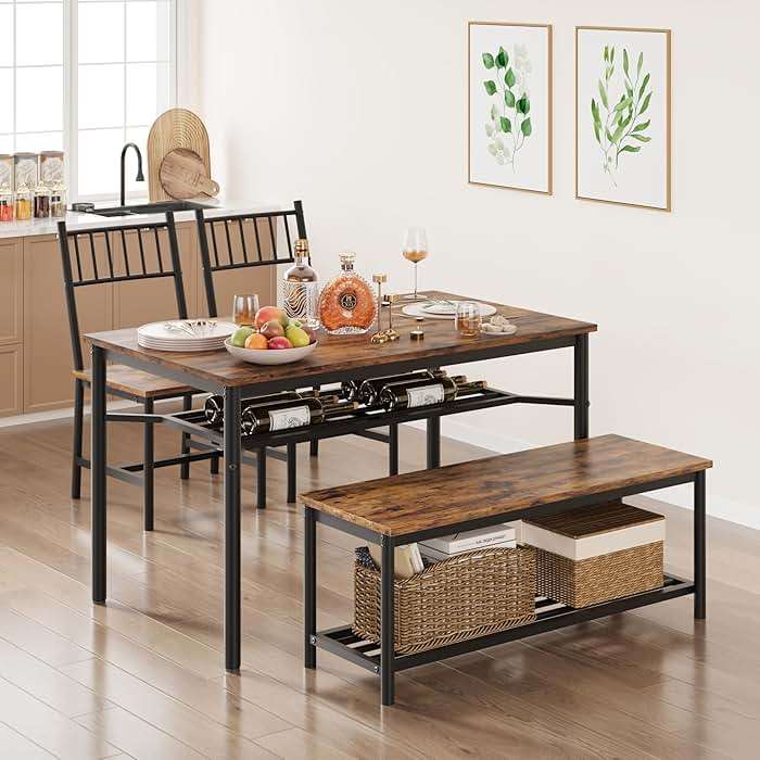 Fancihabor Dining Table Set for 4, Kitchen Table and Chairs for 4 with Wine Rack, Rectangular Dining Room Table Set with Bench, 4 Piece Dining Table Set for Small Space, Apartment, Retro Brown - Image 4