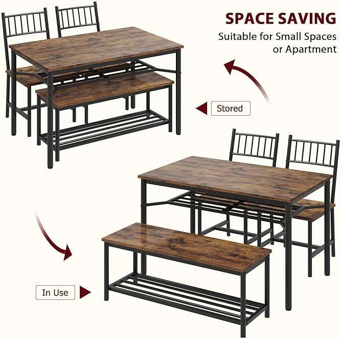 Fancihabor Dining Table Set for 4, Kitchen Table and Chairs for 4 with Wine Rack, Rectangular Dining Room Table Set with Bench, 4 Piece Dining Table Set for Small Space, Apartment, Retro Brown - Image 7