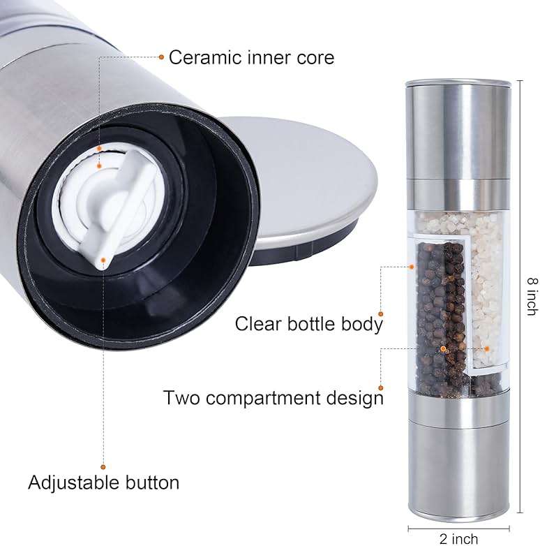 Miayon 2 in 1 Salt and Pepper Grinder Stainless Steel Manual Pepper Mill Adjustable Coarseness Ceramic Spice Grinder Dual Refillable Salt Pepper Mill Shaker for Camping Travel Outdoor Home BBQ - Image 3