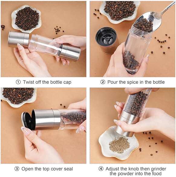 Miayon 2 in 1 Salt and Pepper Grinder Stainless Steel Manual Pepper Mill Adjustable Coarseness Ceramic Spice Grinder Dual Refillable Salt Pepper Mill Shaker for Camping Travel Outdoor Home BBQ - Image 5