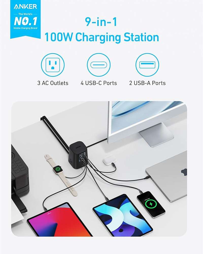 Anker Desktop Charger, 9-in-1 Power Strip with 300J Surge Protector, 5ft Flat Plug Extension Cord with Multiple Devices, 100W USB C Charger with 3 AC, 2 USB A, 4 USB C, Home Office, Desk Accessories - Image 2