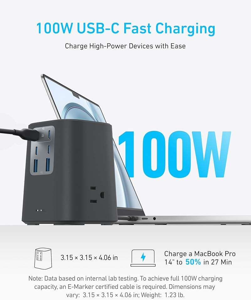 Anker Desktop Charger, 9-in-1 Power Strip with 300J Surge Protector, 5ft Flat Plug Extension Cord with Multiple Devices, 100W USB C Charger with 3 AC, 2 USB A, 4 USB C, Home Office, Desk Accessories - Image 3