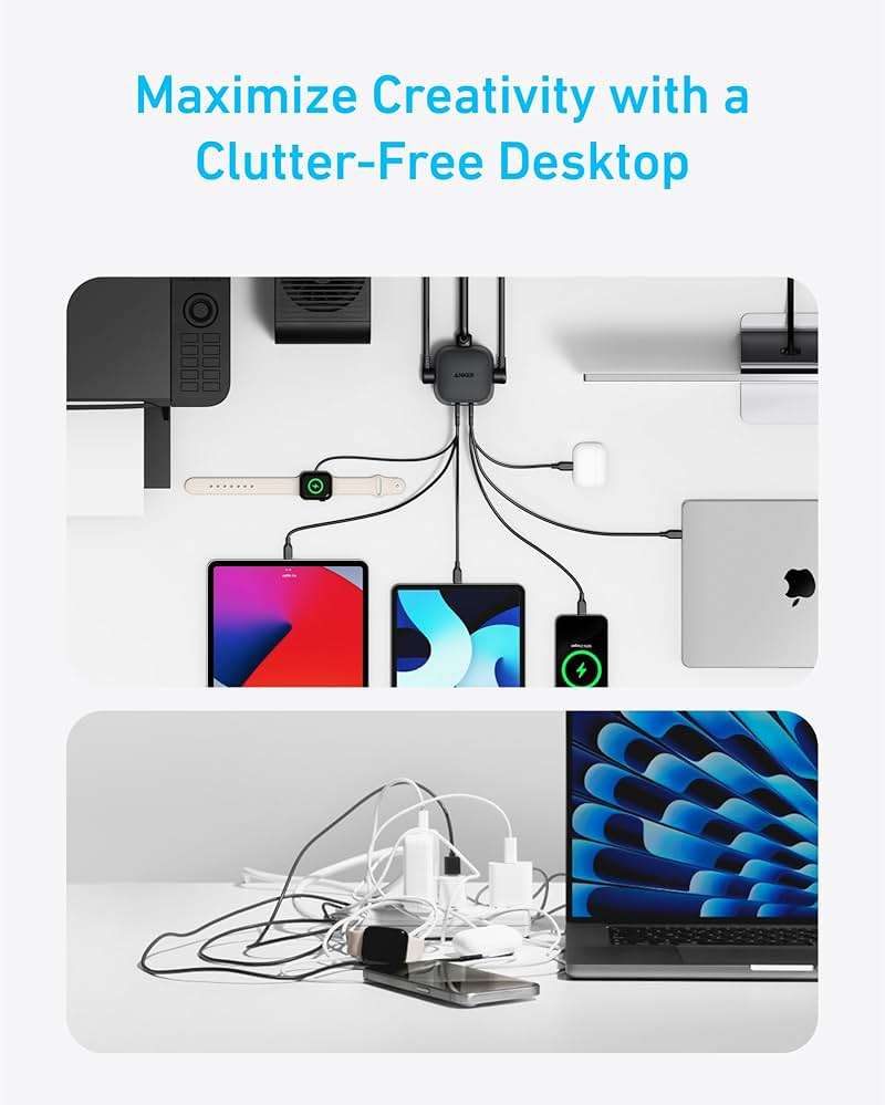Anker Desktop Charger, 9-in-1 Power Strip with 300J Surge Protector, 5ft Flat Plug Extension Cord with Multiple Devices, 100W USB C Charger with 3 AC, 2 USB A, 4 USB C, Home Office, Desk Accessories - Image 6