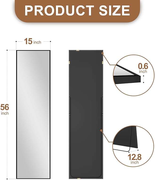 Delma Wall Full Length Mirror,Standing Mirror Full Body,Large Floor for Wall Door Bedroom Bathroom Living Room with Aluminium Frame(with Stand,56x15-Black) - Image 2