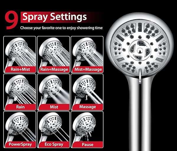 GRICH 2.5GPM Shower Head with Handheld Spray Combo: 2 in 1 Rainfall Shower Heads high pressure & Handheld Shower Head, 9 Spray Modes/Settings Detachable Shower Head with 60 Inch Hose - Image 5