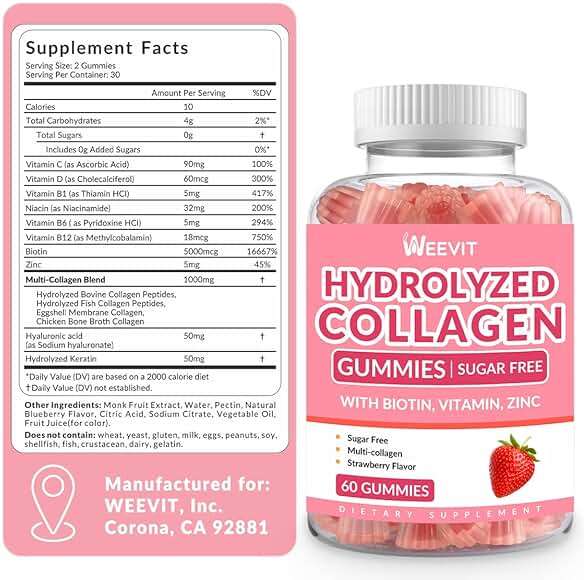 Sugar Free Collagen Gummies for Women, Collagen Protein Type I,II,III,V,X with Biotin Vitamin C D B12, Hydrolyzed Collagen Peptides Gummies for Immune Digestion Skin Hair Nails Energy Bone - Image 2