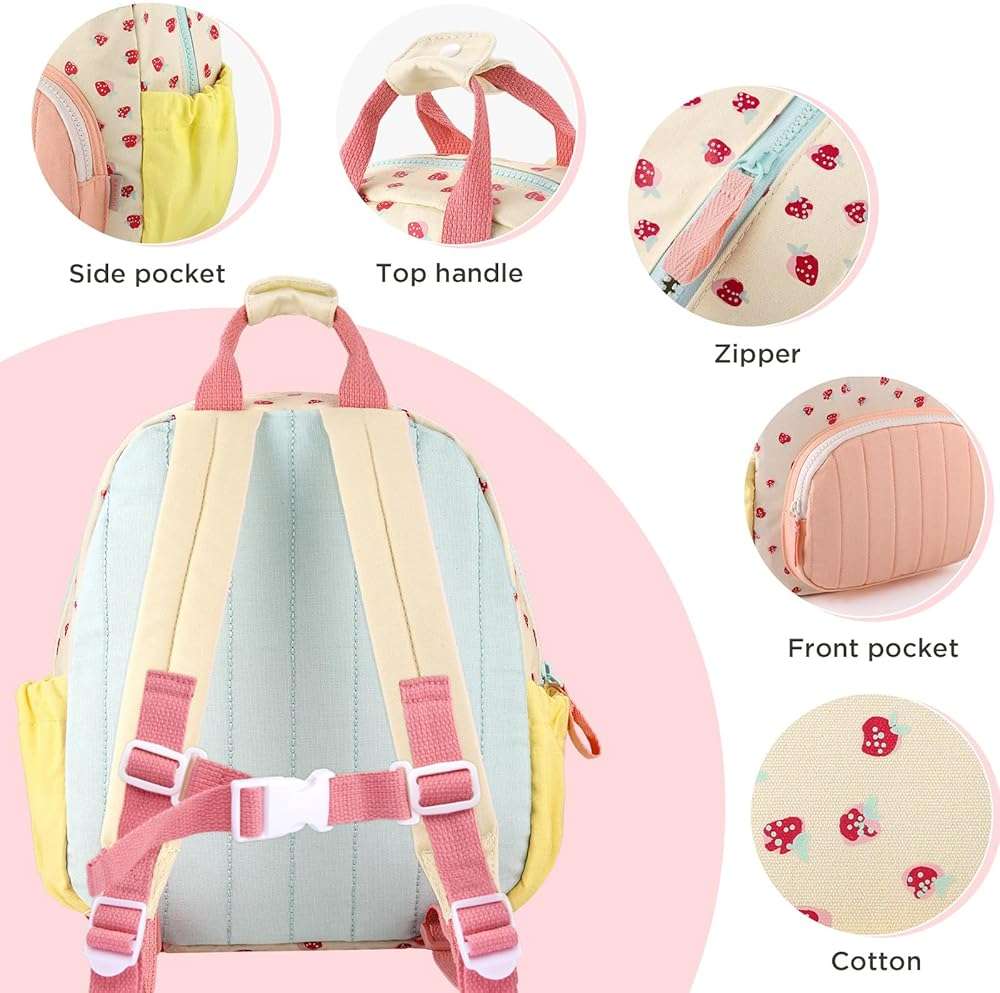 GAGAKU Toddler Backpack for Girls 2-4 Strawberry Cute Preschool Kindergarten Backpack with Name Tag Soft Cotton Small Bookbag for Daycare Lightweight Adjustable Straps with Chest Buckle - Image 4