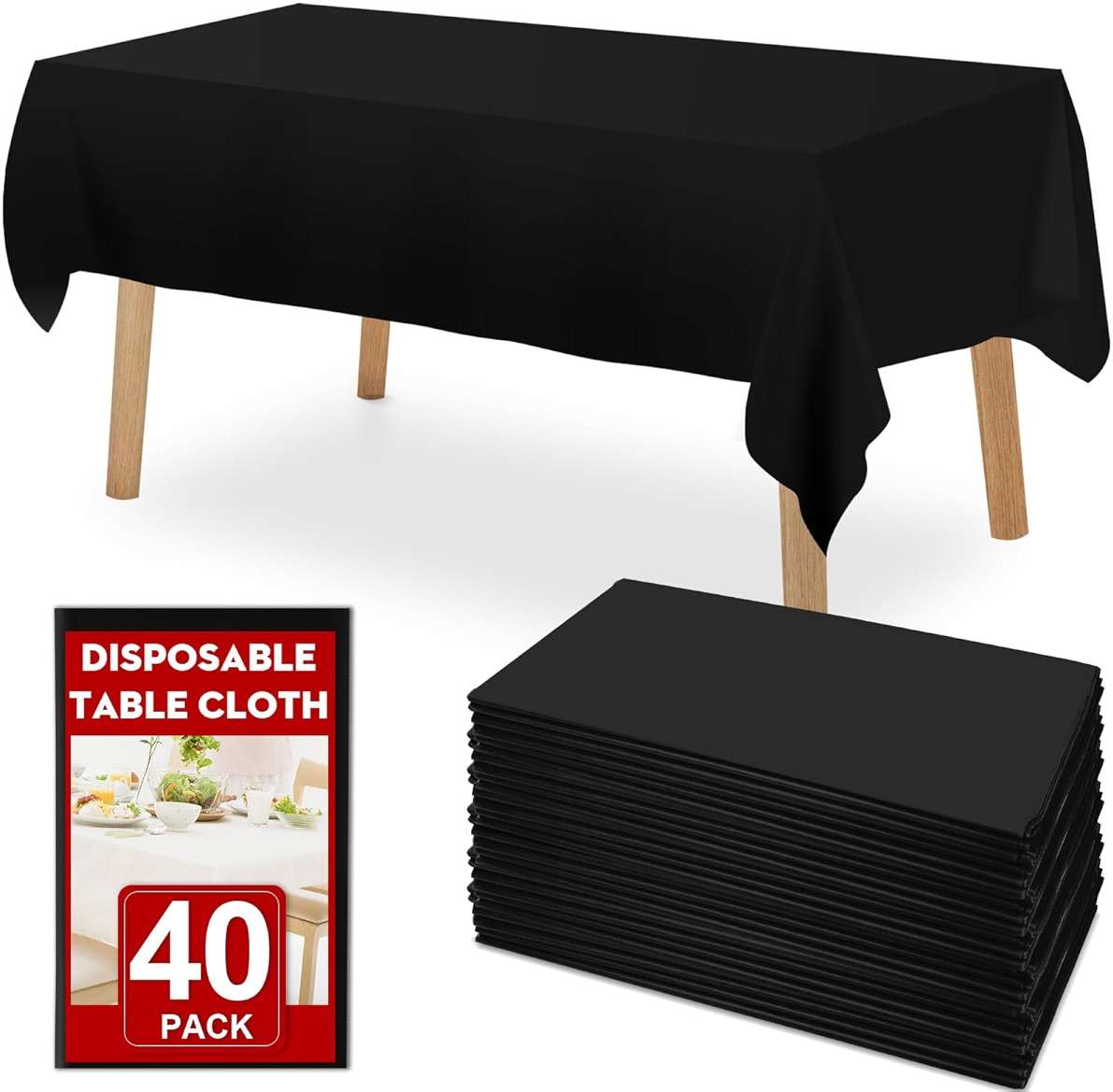 RowinsyDD 40 Pack Black Plastic Table Cloths Disposable, 54 x 108 Inches Plastic Table Cover for Rectangle Tables, Disposable Tablecloth for Dinning, Parties, BBQ, Wedding, Outdoor - Image 1