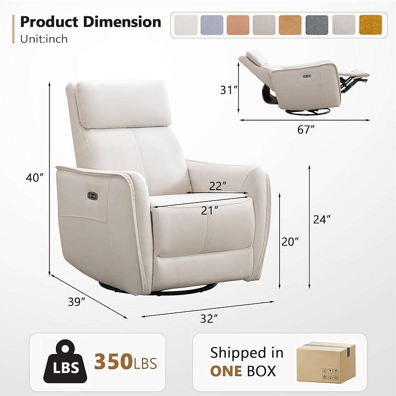 ANJ Power Swivel Recliner Chair,Rocking Chair Nursery with USB Port, Rocker Reclining Chair with Upholstered,Faux Leather Glider Rocking Chairs for Living Room, Bedroom, Cream White - Image 2