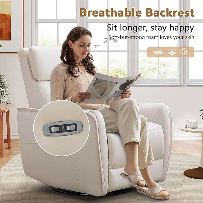 ANJ Power Swivel Recliner Chair,Rocking Chair Nursery with USB Port, Rocker Reclining Chair with Upholstered,Faux Leather Glider Rocking Chairs for Living Room, Bedroom, Cream White - Image 3