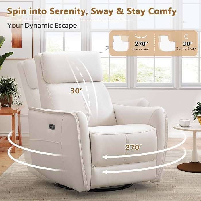 ANJ Power Swivel Recliner Chair,Rocking Chair Nursery with USB Port, Rocker Reclining Chair with Upholstered,Faux Leather Glider Rocking Chairs for Living Room, Bedroom, Cream White - Image 4
