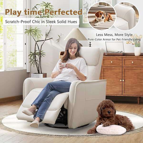 ANJ Power Swivel Recliner Chair,Rocking Chair Nursery with USB Port, Rocker Reclining Chair with Upholstered,Faux Leather Glider Rocking Chairs for Living Room, Bedroom, Cream White - Image 6