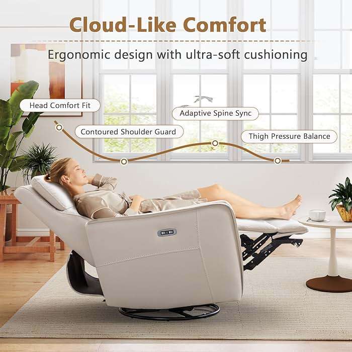 ANJ Power Swivel Recliner Chair,Rocking Chair Nursery with USB Port, Rocker Reclining Chair with Upholstered,Faux Leather Glider Rocking Chairs for Living Room, Bedroom, Cream White - Image 7