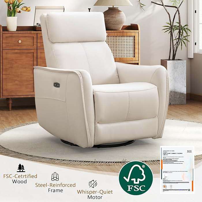 ANJ Power Swivel Recliner Chair,Rocking Chair Nursery with USB Port, Rocker Reclining Chair with Upholstered,Faux Leather Glider Rocking Chairs for Living Room, Bedroom, Cream White - Image 8