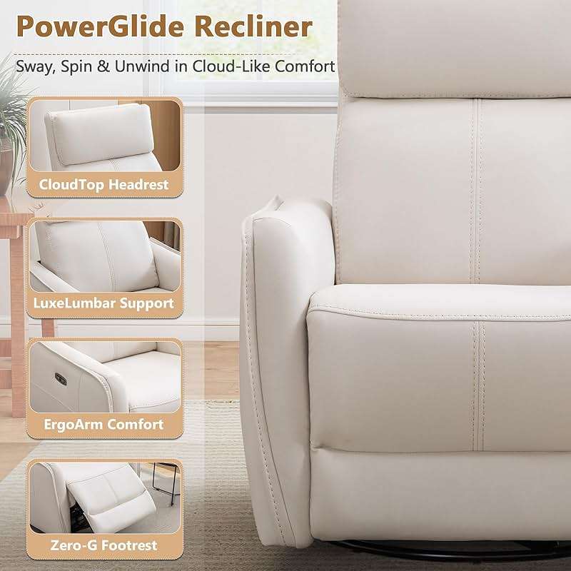 ANJ Power Swivel Recliner Chair,Rocking Chair Nursery with USB Port, Rocker Reclining Chair with Upholstered,Faux Leather Glider Rocking Chairs for Living Room, Bedroom, Cream White - Image 9