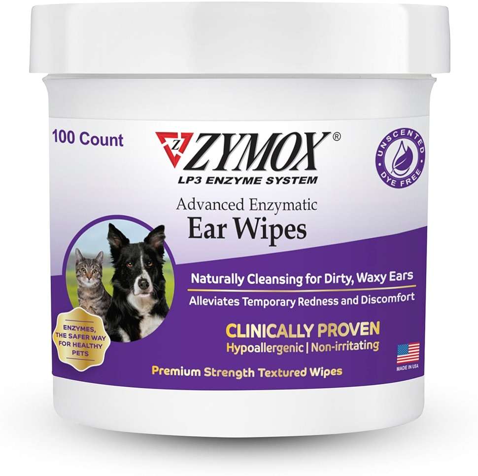 Zymox Advanced Enzymatic Ear Wipes for Dogs and Cats - for Dirty, Waxy, Smelly Ears - Premium Strength Ear Cleaner Wipes - Non-Irritating - Hypoallergenic - 100 ct - Image 1