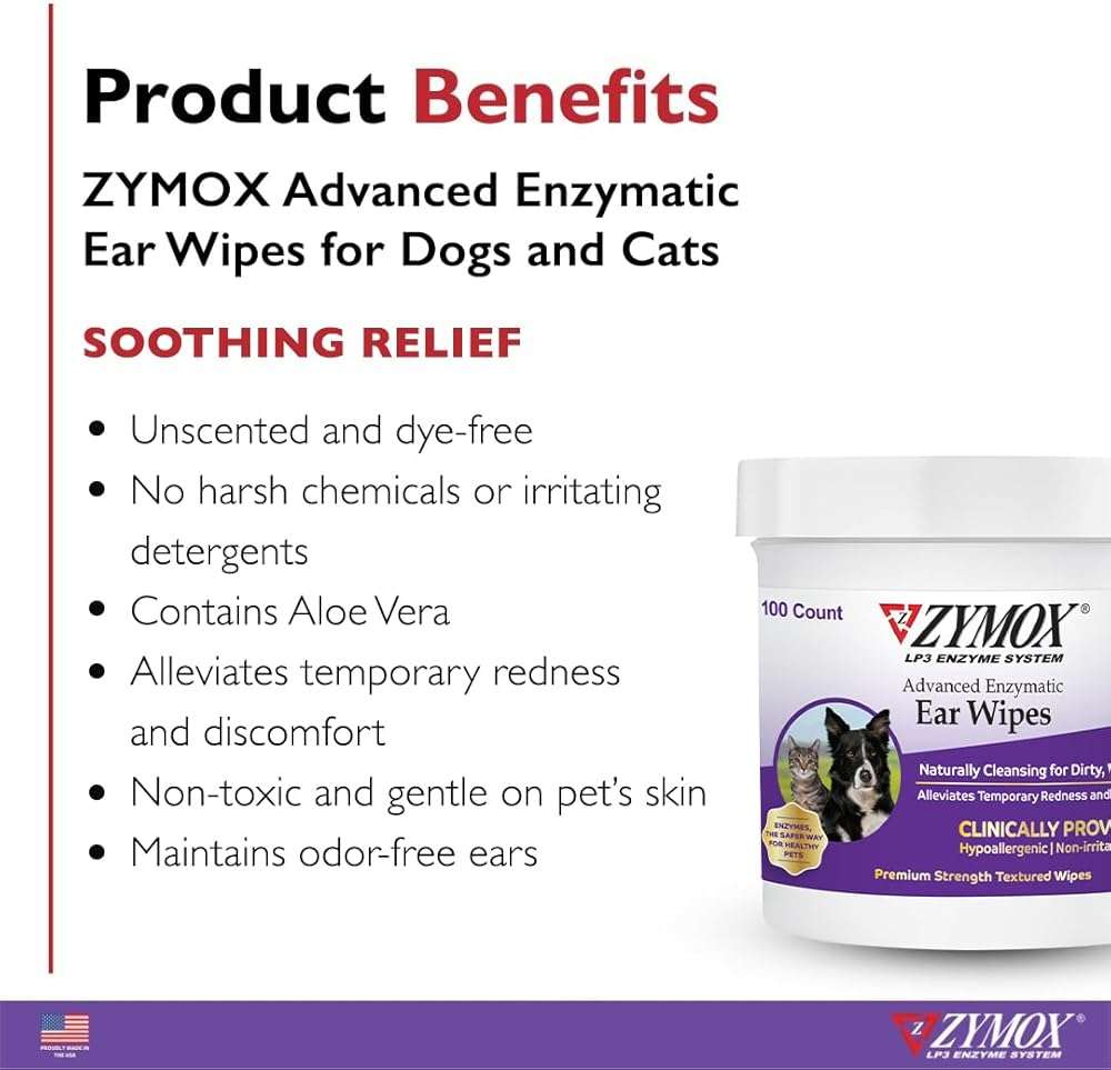 Zymox Advanced Enzymatic Ear Wipes for Dogs and Cats - for Dirty, Waxy, Smelly Ears - Premium Strength Ear Cleaner Wipes - Non-Irritating - Hypoallergenic - 100 ct - Image 2