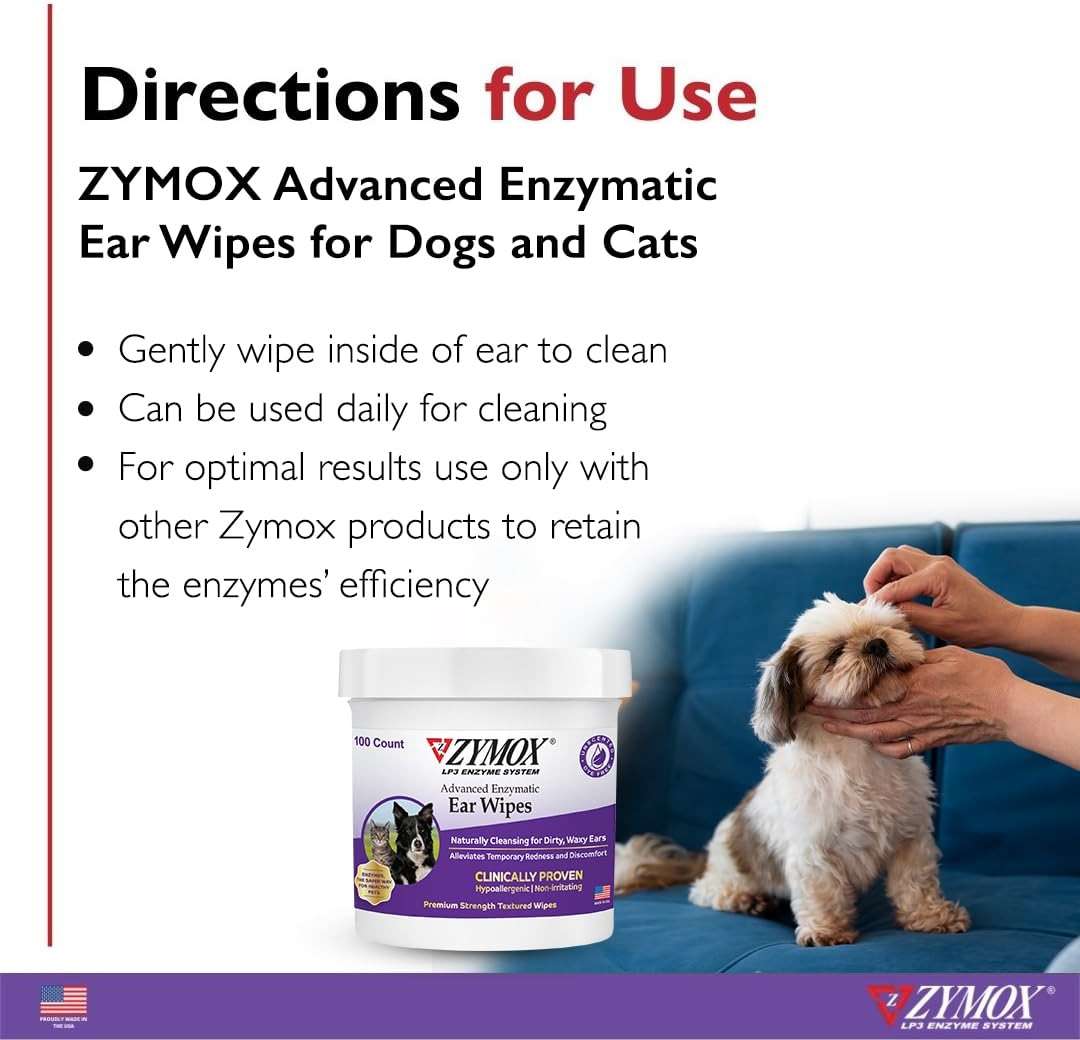 Zymox Advanced Enzymatic Ear Wipes for Dogs and Cats - for Dirty, Waxy, Smelly Ears - Premium Strength Ear Cleaner Wipes - Non-Irritating - Hypoallergenic - 100 ct - Image 3