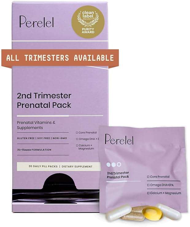 Perelel 2nd Trimester Prenatal Pack, Multivitamin with Magnesium, Omega 3, Iron & Calcium, Nutritional Support for Second Trimester Wellness, Soy & Gluten Free, Non GMO, 30 Daily Pill Packs - Image 1