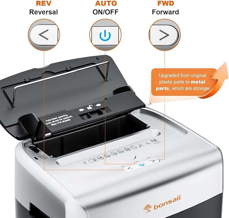 Bonsaii Paper Shredder for Office, 120-Sheet Autofeed Heavy Duty Shredder for Home Office Use, 30 Minutes/Micro Cut/P-4 High Security Level/6 Gallon Large Bin - Image 7
