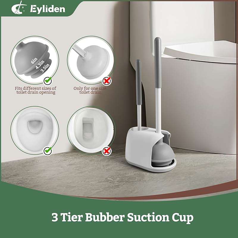 Eyliden Toilet Plunger & Brush Set, 3-Step Suction Cup, Compact Caddy | Space-Saving Toilet Deep Cleaning Combo with Holder, Ultra-Tight Seal, Durable, Nylon Bristles, Bathroom Essentials - Image 3