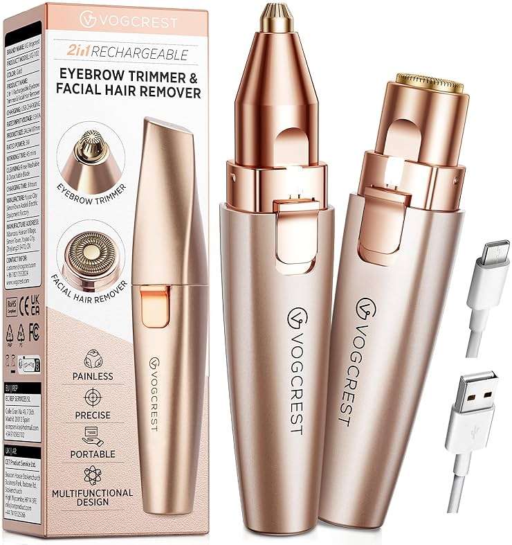 VG VOGCREST Eyebrow & Facial Trimmer: 2 in1 Rechargeable Facial Hair Removal & Eyebrow Shaver - Body Razor with Built-in LED Light (Rose Gold) - Image 1