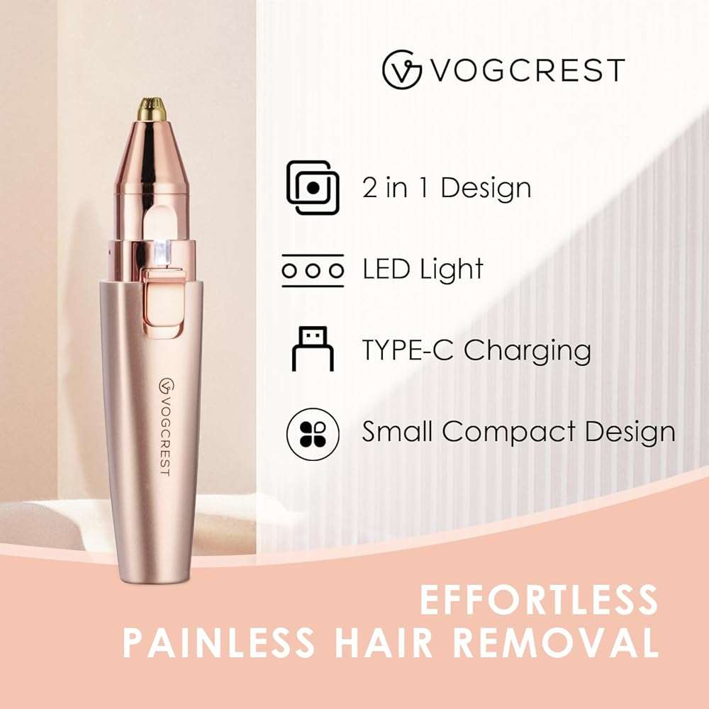 VG VOGCREST Eyebrow & Facial Trimmer: 2 in1 Rechargeable Facial Hair Removal & Eyebrow Shaver - Body Razor with Built-in LED Light (Rose Gold) - Image 2