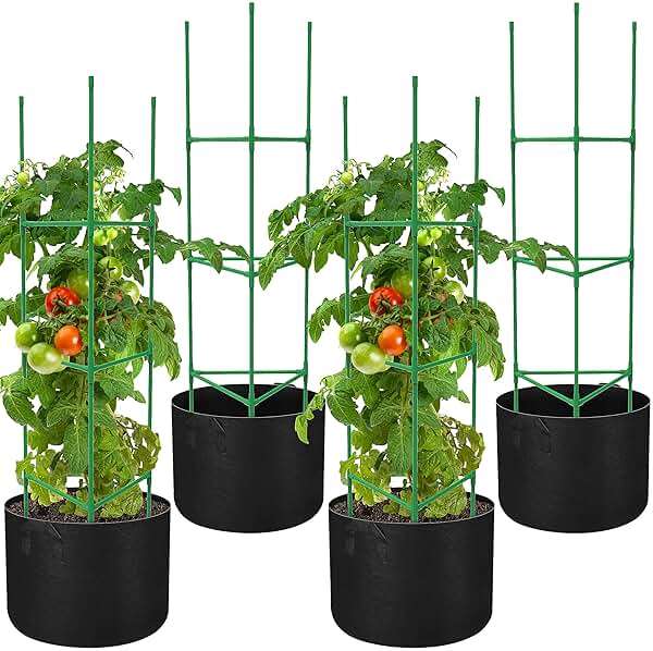 4 Packs 47 x 12 Inch Garden Tomato Cages with Grow Bags- Triangle Plant Support Trellis Assembled with Planter Bags- Garden Cucumber Vegetables Frames for Vertical Climbing Plants - Image 1